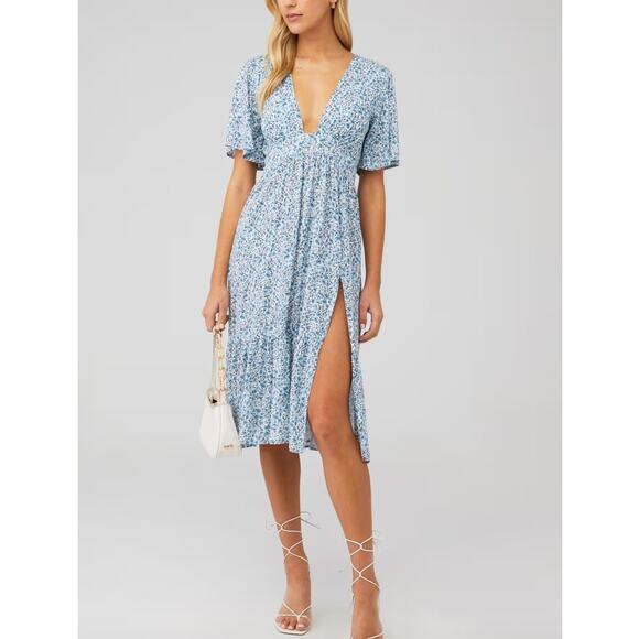 Stillwater Dress Britton Midi Flutter Sleeve Slit Flower Blue White Sz Small - Picture 1 of 7